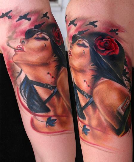 Ryan Mullins - tattoo of the painting Scorpio Rizing by Brian Viveros